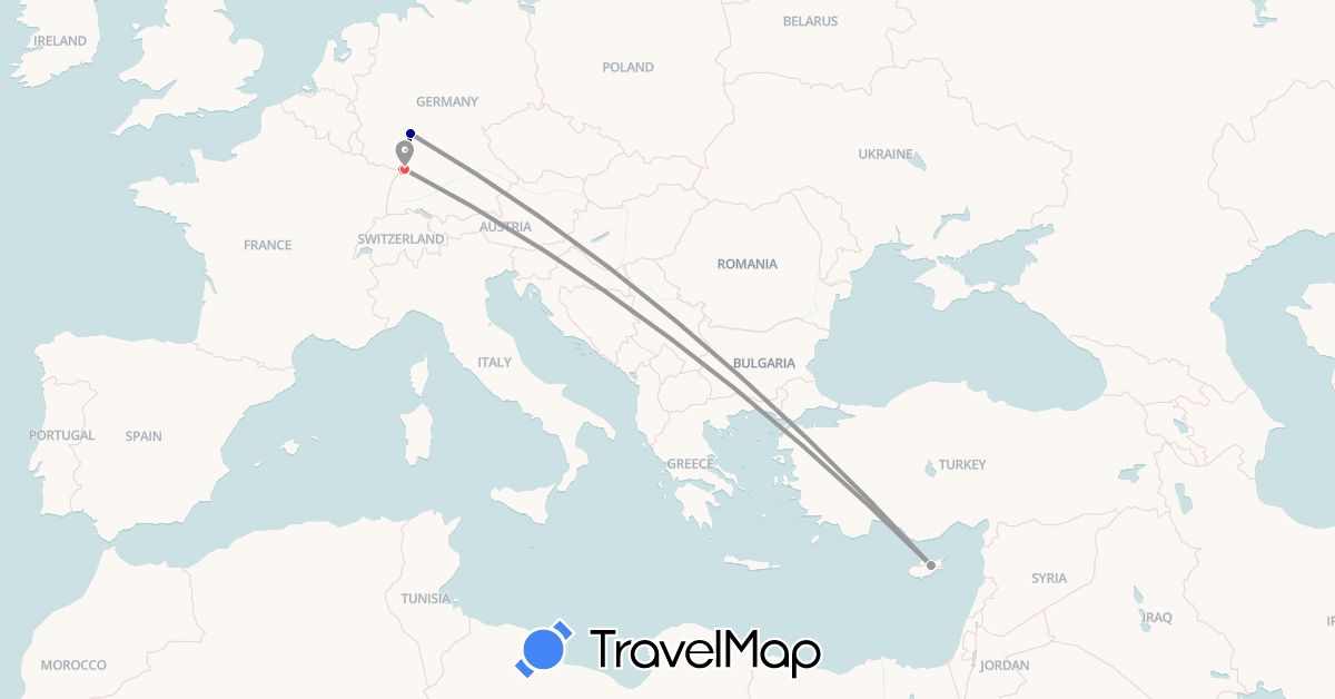 TravelMap itinerary: driving, plane, hiking in Cyprus, Germany (Asia, Europe)